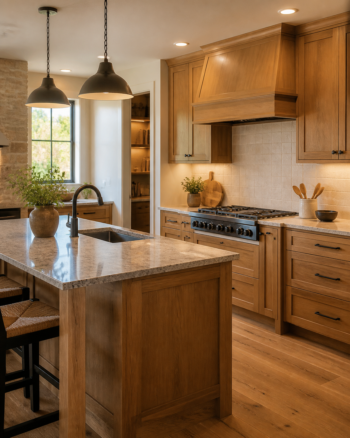 Warm custom kitchen with wood cabinetry and a handcrafted stone island
